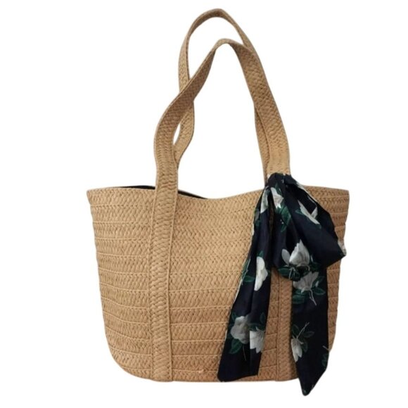 Draper James Everyday Straw Bag Limited Edition Tote Shoulder Blue Scarf Retired - Picture 1 of 5